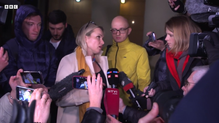Marina Ovsyannikova speaks to reporters about the reasons for her live TV protest